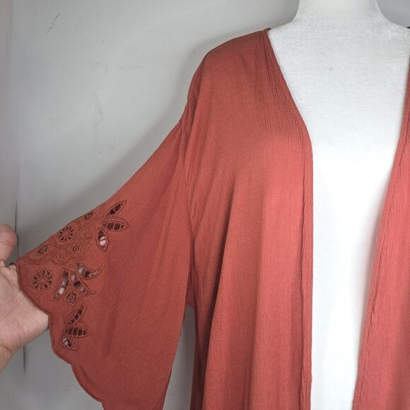 Maurices Terracota Rust Open Front Boho Floral Cut Out Bell Sleeve Cardigan - Picture 4 of 7